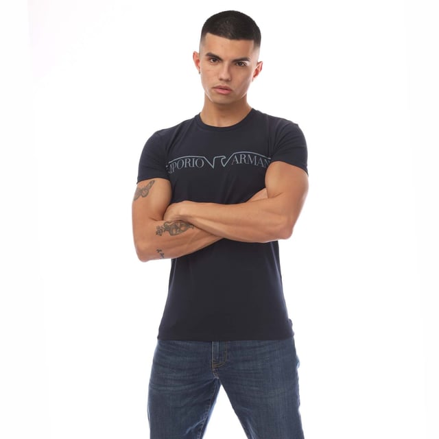 Mens Emporio Armani Crewneck T-Shirt in navy.- Crew neckline.- Short sleeves.- Branding on chest.- Slim fit.- 95% Cotton  5% Elastane.- Ref: 11103551600135