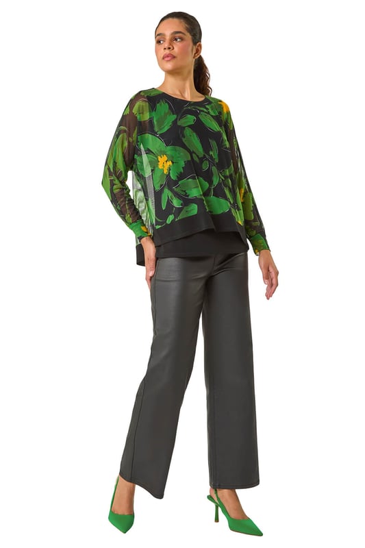 Floral Mesh Overlay Stretch Top from Roman. Make a standout statement this Autumn and Winter with this stunning printed mesh overlay top. Featuring an eye catching all over floral print, this top has a delicate mesh overlay with a soft jersey inner for comfort and style combined. The 3/4 sleeves and classic round neck make this piece a versatile and chic addition to your wardrobe. Pair with tailored trousers and heeled boots for a sophisticated look that's perfect for any occasion!