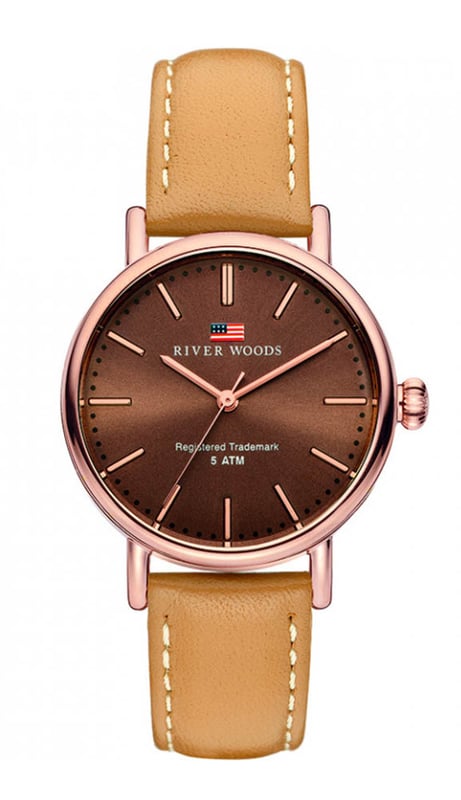 This River Woods Oswego Analogue Watch for Women is the perfect timepiece to wear or to gift. It's Rose Gold 34 mm Round case combined with the comfortable Brown Leather watch band will ensure you enjoy this stunning timepiece without any compromise. Operated by a high quality Quartz movement and water resistant to 5 bars, your watch will keep ticking. Get all the comfort of leather with this leather band -This Analogue watch has a function: Luminous Hand High quality 19 cm length and 14 mm width Brown Leather strap with a Buckle Case diameter: 34 mm,case thickness: 9 mm, case colour: Ip-rosé and dial colour: Brown