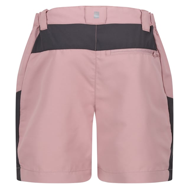 Regatta Childrens/Kids Sorcer Mountain III Shorts (Dusky Rose/Seal Grey) Fabric: Isotex, Stretch. Design: Colour Block, Logo. Pockets: 2 Side Pockets, 1 Back Pocket, Zip. Fastening: Button, Zip Fly. Fabric Technology: Durable, Isoflex, Lightweight, Quick Dry, Water Repellent. Belt Loops, Branded Tab. Waistline: Part Elasticated. Sustainability: Made from Recycled Materials.