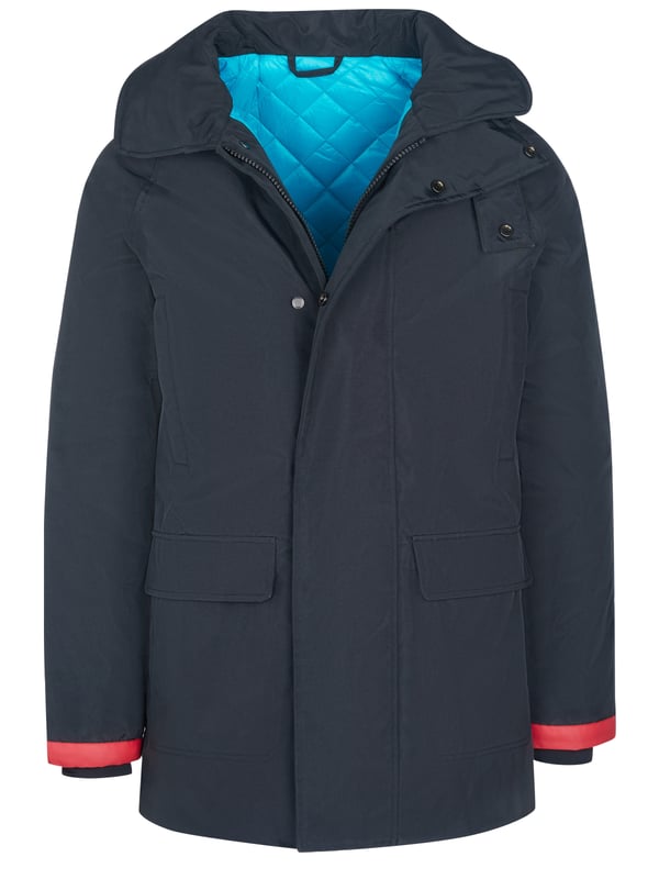 100% poliamida; Chaqueta vaquera Trussardi ;  Modelo: 52S002141T001587 K299;  Mano de obra de alta calidad;  Cuello alto con capucha extraíble;  Cremallera, tira de botones con botones automáticos;  Dos bolsillos delanteros, dos bolsillos en el pecho;  Detalles del logotipo Trussardi Jeans