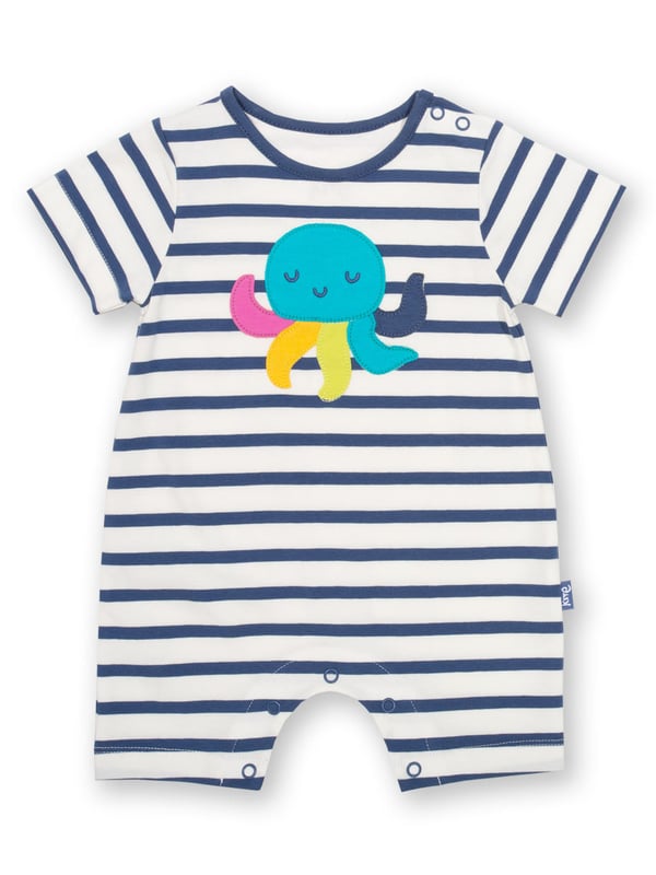 This colourful octopus romper is so comfy and versatile, it is the perfect choice for little crawlers, walkers and wrigglers! Made in organic cotton single jersey with a navy blue and cream stripe and adorable octopus appliqué front and centre. Match with the sea bubbas hat for the cutest style this season.