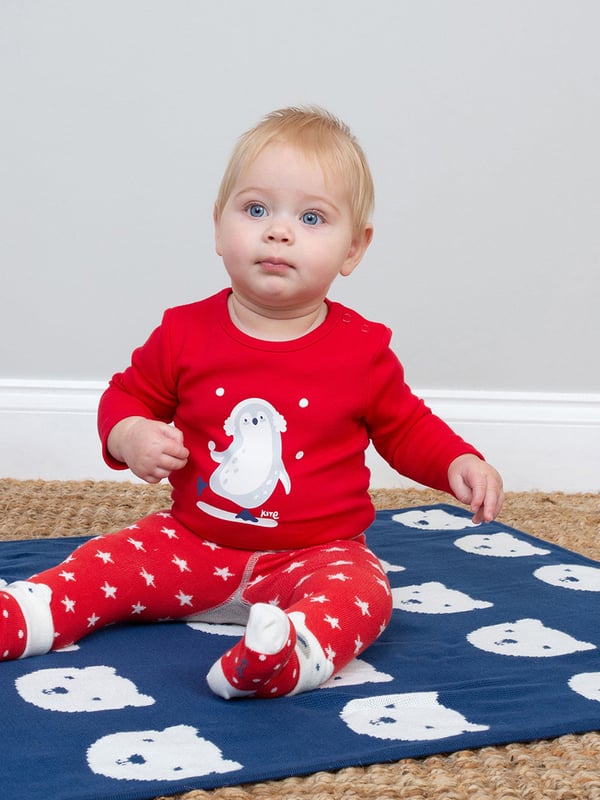 100% organic cotton | Proud to be certified by Control Union to the Global Organic Textile Standard (GOTS) | Penguin placement print | Red | Interlock fabric | Popper crotch and shoulder opening | Long sleeved | Round neck | Made in Turkey | Machine washable at 40 degrees, or at 30 degrees to be kinder to the planet