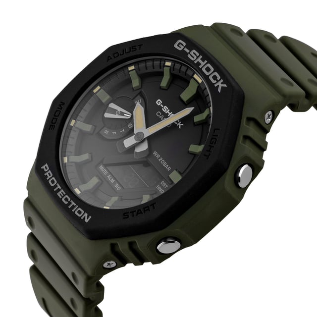 This Casio G-shock Analogue-Digital Watch for Men is the perfect timepiece to wear or to gift. It's Green 44 mm Round case combined with the comfortable Green Plastic watch band will ensure you enjoy this stunning timepiece without any compromise. Operated by a high quality Quartz movement and water resistant to 20 bars, your watch will keep ticking. Fashionable Sporty Design, Perfect for all kind of sports, indoor and outdoor activities or daily use -The watch has a Calendar function: Day-Date, Stop Watch, Worldtime, Countdown, Alarm, Light High quality 21 cm length and 22 mm width Green Plastic strap with a Buckle Case diameter: 44 mm,case thickness: 11 mm, case colour: Green and dial colour: Black
