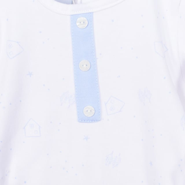 Babidu baby romper.
 White color
 Long-sleeved romper and long pants.
 Round neck with ribbed finish.
 Back closure by buttons.
 Printed on the front.
 Seams seen in tone.

 Composition: 100% Cotton

 Wash at maximum temperature 40º
 -Do not use bleach
 -Support iron
 -Tumble dry low
 Composition: 100% cotton
 Care:
Wash at maximum temperature 40º
 -Do not use bleach
 -Accepts iron
 -Dry at low temperature