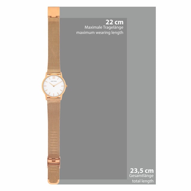 Noble, noble! This women's watch in the Eastside label converts the noble charm of the New York district of the same name into an enchanting watch design. The scratch-resistant IP coating lets the housing and bracelet shine in a trendy rose gold and a high-quality screwed stainless steel housing floor ensures durability. Highlight for all fans of traditional watch styles is the Milanaise bracelet: the elaborately worked braided look makes the delicate stainless steel bracelet not only durable, but also gives the highest comfort. A simple dial with a line indices and swords fits harmoniously into the puristic look.