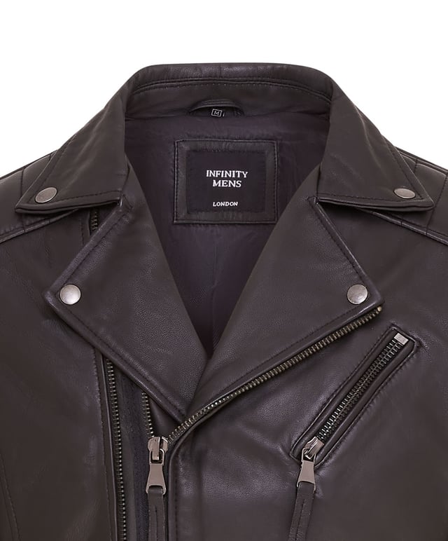The centrepiece of a timeless look, this jacket is crafted with full grain nappa leather to achieve a slim fit stylish biker silhouette. Eye catching additions to this piece include ribbed detailing on the shoulders and a traditional wide collar. The front of the jacket is accented with a double zip and features a slanted zip pocket across the breast as well as a further two zip pockets. This jacket comes in a range of colours to suit a variety of tastes, allowing all to find their ideal style in this classic Brando style piece.

• 100% premium ultra-soft nappa leather.
• Slanted zip breast pocket • Double zip front, tagged for ease of use
• Wide notch stud fastened lapels
• Pockets integrated into the jacket lining
• Ribbed detailing on the shoulders
• Stylish zipped cuffs