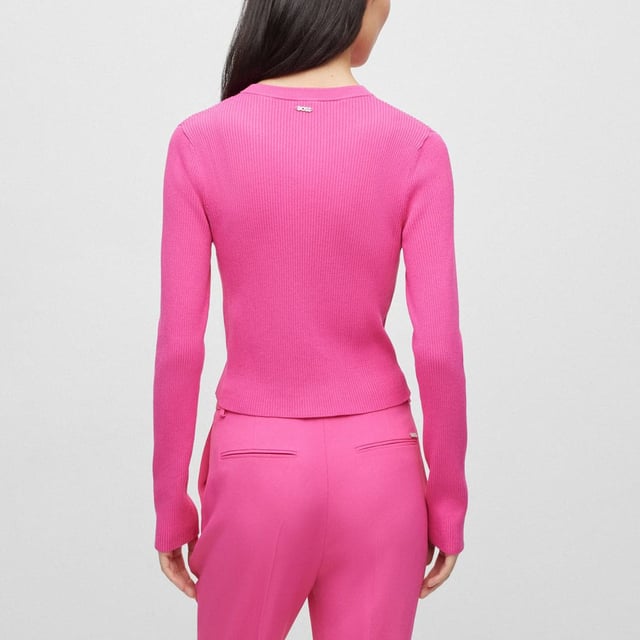 Womens BOSS Fahara Cardigan in pinkA versatile button-front cardigan in ribbed fabric by BOSS Womenswear detailed with a logo trim at the back neck- Crew neck.- Long sleeves.- Button fastening.- Rib knit.- 76% Viscose  24% Polyamide.  Hand wash.- Ref: 50486059-661