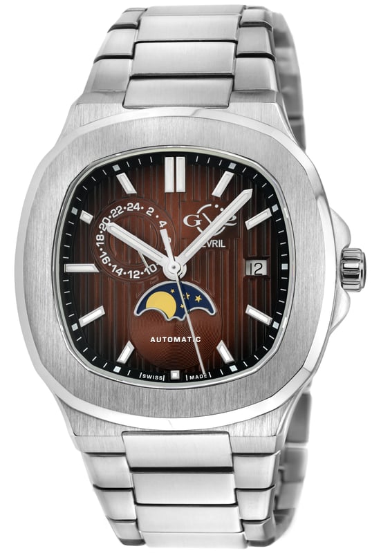Reloj automático suizo para hombre GV2 18407B de la colección Potente. Caja de acero inoxidable 316L de 40 mm, esfera roja acolchada con estampado. Corona de empujar y tirar, fecha y fase lunar a las 6 en punto, indicador día/noche a las 10 en punto. Manecillas y marcadores de hora luminosos. Pulsera de acero inoxidable 316L con hebilla desplegable. Cristal de zafiro antirreflectante. Resistente al agua hasta 50 metros/5ATM. Automático suizo fabricado en Suiza, fecha y fase lunar, Sellita SW285-1A.