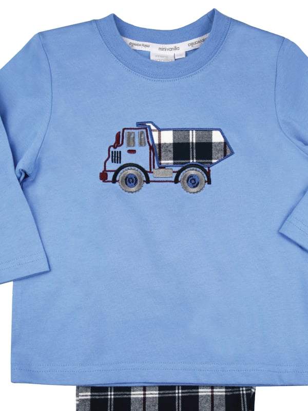 Dumper Truck Boys Cotton Pyjamas

Super soft jersey blue long sleeved T-shirt with a Dumper Truck Applique and soft brushed check bottoms. Great lounge wear and for after school.  Have your child end their busy days in soft cotton PJ’s adorned with classic checks and made with 100% cotton. Boys cotton pyjamas

100% cotton
Machine Washable
Super soft luxury brushed cotton fabric
Dumper Truck Applique
Classic Fit.