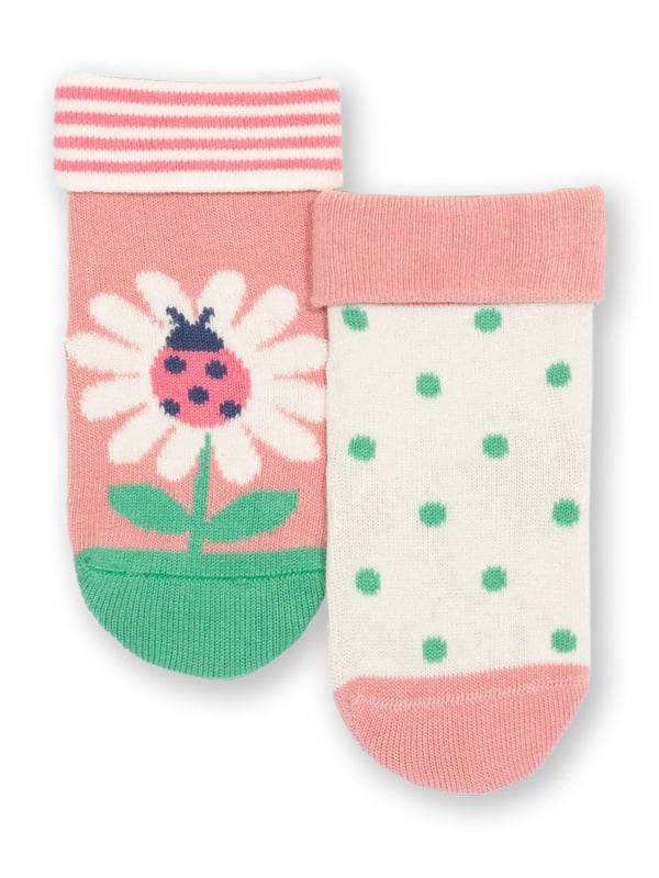 90% organic cotton 8% polyamide 2% elastane | Proud to be certified to the Global Organic Textile Standard (GOTS) | Pink ladybird and green spot designs | Two pack | Turn down tops | Made in Turkey | Machine washable at 40 degrees, or at 30 degrees to be kinder to the planet