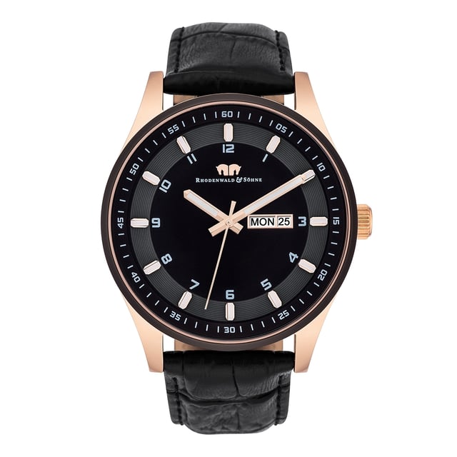 This model of the Rhodenwald & Sons manufacture is a place in every watch collection timeless, functional and versatile. The well -designed wristwatch does without superfluous additional functions and deliberately reduces the design to the basic elements of a timepiece: strokeindices with Arabic numerals, sword suits, an all -round minuteery and a date display are the focus of the dark dial. A stainless steel housing with screwed floor and IP coating in rose gold and a real leather strap with a trendy crocodile round off the high-quality equipment.