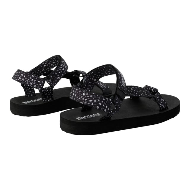 Regatta Womens/Ladies Lady Vendeavour Polka Dot Sandals (Black/White) Upper: Synthetic. Outsole: Synthetic. Fabric Technology: Water Repellent. EVA Footbed. Flat Heel. Design: Logo, Polka Dot. Toe Style: Open. Fastening: Hook And Loop Strap.