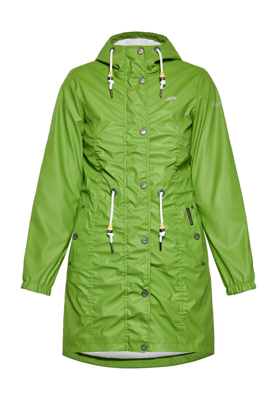 Accentueer je outdoorstijl met deze stijlvolle effen regenjas, ontworpen voor de moderne vrouw. Het heeft een normale pasvorm, een ritssluiting met drukknoopsluiting en een capuchon met trekkoord voor veelzijdigheid. De gedrapeerde jas wordt aangevuld met klepzakken en gelaste naden. Gemaakt van waterdicht materiaal (3000 mm), zorgt het voor duurzaamheid en functionaliteit onder alle weersomstandigheden.  Mackintosh