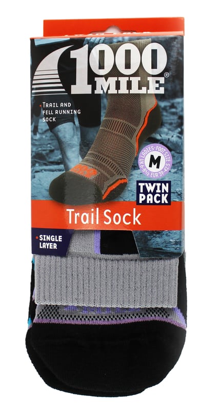 1000 Mile Women's Trail Running SocksExperience ultimate comfort and support with the 1000 Mile Trail Running Socks. Designed for off-road running, these socks cater to the challenges presented by varying weather and terrains. Crafted with a carefully chosen Merino wool blend, they offer a luxuriously soft feel while minimizing friction. The moisture-wicking properties of the merino wool help keep your feet cool and dry, aided by its quick-drying nature. The natural anti-bacterial qualities of the wool keep your feet fresh during long distances. Our socks feature strategic padding for the toes, ball of the foot, and even extend to protect the Achilles tendon. Ventilation zones on the top of the foot promote airflow and breathability, ensuring lasting coolness. The flat toe seam prevents irritation and potential friction from bulky seams. These running socks are made with 53% polyamide, 24% wool, 22% acrylic, 1% elastane. Available in ladies sizes: Small (3-5.5 UK, EUR 36-38.5) and Medium (6-8.5 UK, EUR 39-42.5).Extra Product DetailsUltimate comfort and support for off-road running.Merino wool blend reduces friction, keeps feet comfortable.Moisture-wicking to keep feet cool and dry.Natural anti-bacterial qualities for freshness during long distances.Strategic padding for toe and Achilles tendon protection.Ventilation zones promote airflow and keep feet cool.Completely flat toe seam eliminates irritation.Durable material, available in various sizes for perfect fit.