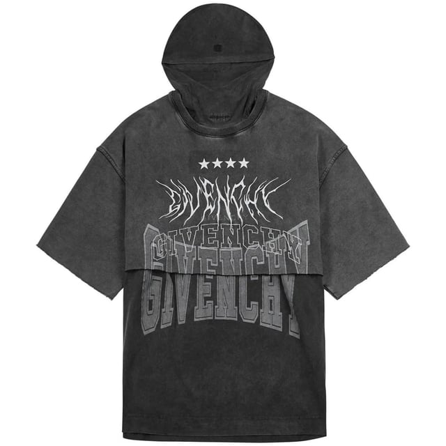 Introducing the Givenchy Grey T Shirt - the perfect addition to your wardrobe! This tee offers a comfortable and stylish option for any casual occasion. Its oversized fit is both trendy and flattering, making it a must-have piece for fashion-forward individuals. Elevate your style with Givenchy!, Givenchy Branding, Overlapped Hoodie/Tee Design, Crew Neck Tee With Additional Hood, Logo On Front and Back, 100% Cotton, Streetwear, Stars Around Neck, Grey Tee