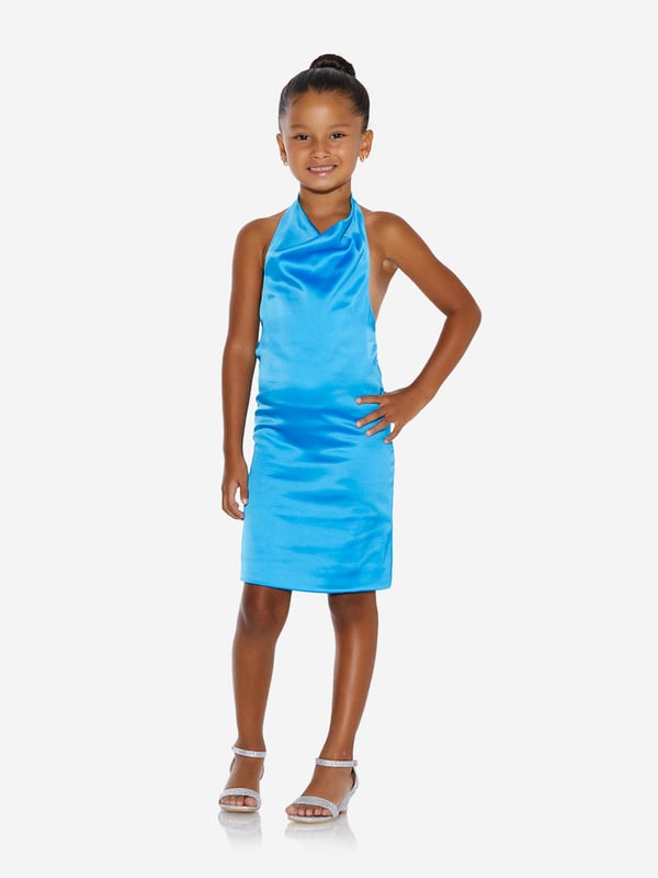 A special piece for special occasions, this girls blue halterneck dress from AY by Ayla is sure to turn heads. The longline silhouette boasts a sleek design which shines like tropical waters. Fun to wear and stylish to see, pair with dancing shoes for a party ready look. Halterneck Clasp Rear Zip Fastening Longline
