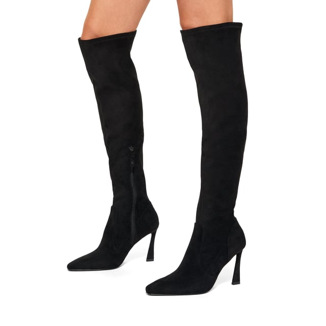 This KG Kurt Geiger Sweetie High Leg boot is crafted from a black suedette that reaches the knee. The heel is in a flared style. Heel height: 7cm.