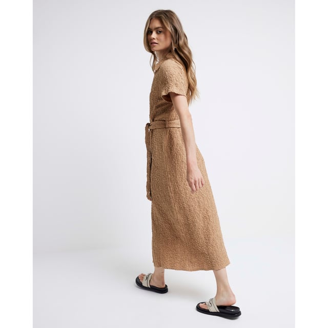 River Island Womens Midi Shirt Dress Beige Textured Belted