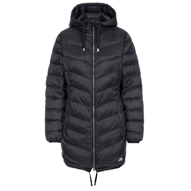 Ultraleichte Jacke. Angewachsene Kapuze. 2 Reißverschlusstaschen. Downtouch-Wattierung. Elastische Manschetten. Innere Sturmklappe. Außenmaterial: 100% Polyamid, Futter: 100% Polyamid, Füllung: 100% Polyester. Trespass Womens Chest Sizing (ca.): XS/8 - 32in/81cm, S/10 - 34in/86cm, M/12 - 36in/91.4cm, L/14 - 38in/96.5cm, XL/16 - 40in/101.5cm, XXL/18 - 42in/106.5cm.