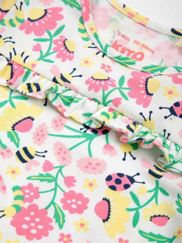 95% organic cotton 5% elastane | Proud to be certified to the Global Organic Textile Standard (GOTS) | Love nature all-over print | Single jersey with a little bit of stretch (180-190 gsm) | Popper crotch and shoulder opening | Long sleeved | Integrated scratch mitts up to 6 months | Gathered yoke design | Made in Turkey | Machine washable at 40 degrees, or at 30 degrees to be kinder to the planet
