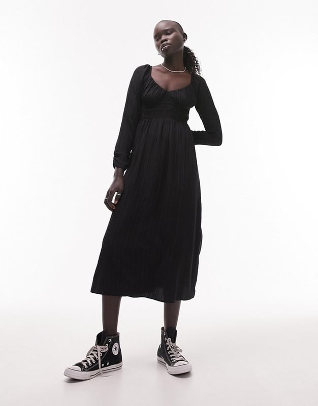 Topshop Petite gathered midi tea dress in black