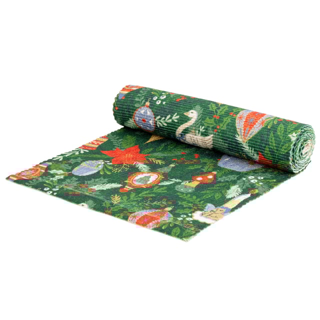 Get into the Christmas spirit with this wonderfully festive table runner. Featuring a digital printed design on woven polyester fabric of Christmas foliage and traditional tree decorations, including vintage baubles, candles and even a swan in vivid seasonal colours. This beautiful table runner will transform and add some instant seasonal cheer to your Christmas dining table.