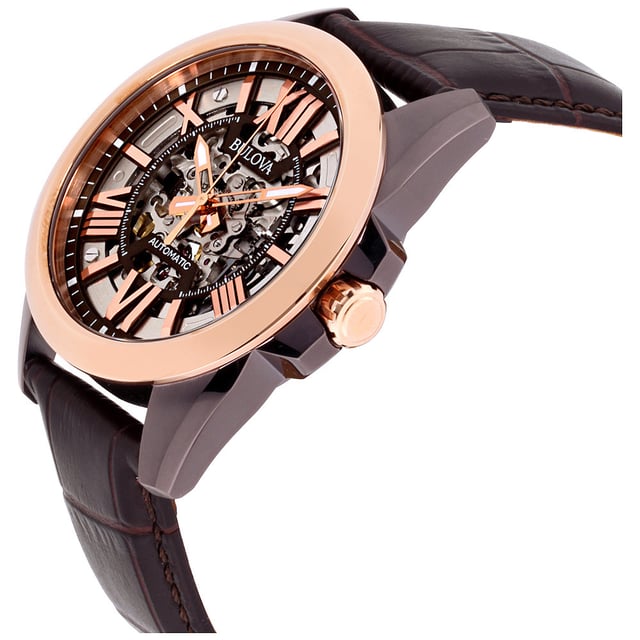This Bulova Automatic Analogue Watch for Men is the perfect timepiece to wear or to gift. It's Multicolour 43 mm Round case combined with the comfortable Brown Leather watch band will ensure you enjoy this stunning timepiece without any compromise. Operated by a high quality Automatic movement and water resistant to 10 bars, your watch will keep ticking. Get all the comfort with this fashionable croco-embossed leather band, perfect for every occasion High quality 21 cm length, 20 mm wide Brown Leather strap with a Buckle Case diameter: 43 mm, Case height: 12 mm and Case color: Multicolour/Dial color: Multicolour