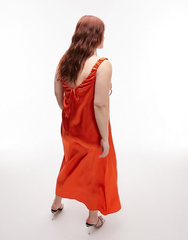 Topshop Curve ruched satin slip dress in Orange