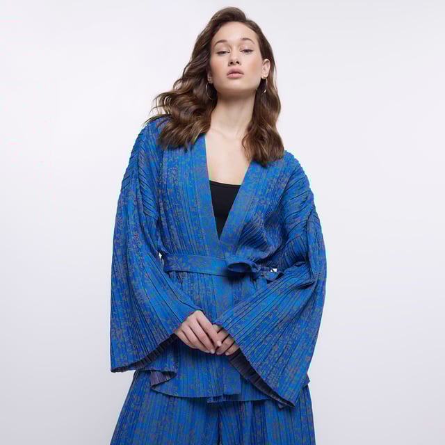River Island Womens Kimono Blue Print Plisse Belted