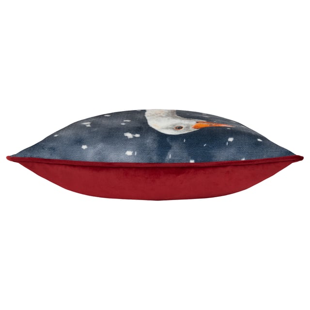 In typical realistic acrylic hand-painted, printed quality and rich colours, a Goose keeps warm in the falling snow by donning a winter scarf against a chilly navy blue background. A charming and playful cushion to put out during the holiday season while still preserving a rustic country sense to your home decor.