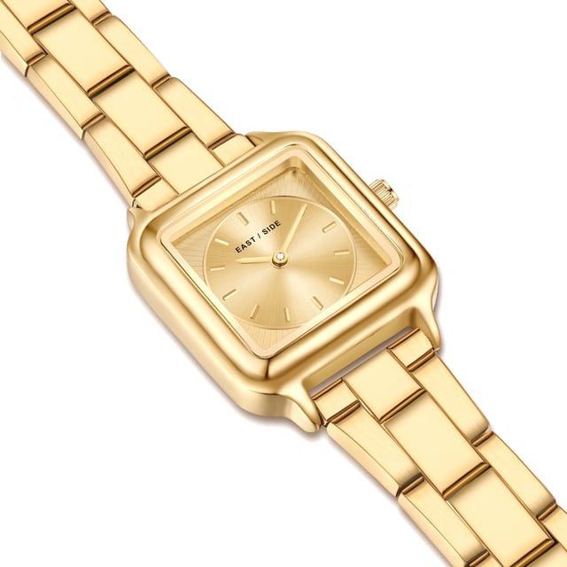 GENERAL INFORMATION:  • Targetgroup: Female  • Wristwatch: No Special Functions  • Display: analogue  • Weight of watch w/o box (gr.) - approx.: 60  MOVEMENT:  • Movement: Quartz  • Term of Movement: 2025  • Origin of movement: Japan  BRACELET:  • Material of bracelet/strap: Stainless steel  • Plating of bracelet/strap: Ion-Plating (IP)  • Finishing of bracelet/strap: Smooth  • Finishing/Decoration of bracelet/strap: None  • Clasp/Closure/Buckle: Security-folding clasp  • Color of bracelet/strap: Yellowgold  • Length of bracelet/strap (mm) approx.: 210,0  • Width of bracelet/strap (mm) approx.: 13,8  • Style/Design of bracelet/strap: Link bracelet  • Bracelet/strap adjustable?: Yes  CASE:  • Shape of case: Square  • Size/Diameter of case in mm . approx.: 25,0 x 32,0  • Height of case in mm: 8,1  • Case material: Metal (Alloy)  • Surface of case: Polished  • Bezel/Topring: Fixed  • Finishing/Decoration of case: None  • Material of case back: Stainless steel  • Lock of case back: No screwed-in crown  • Color of case: Yellowgold  • Coating/Plating (Case): Ion-Plating (IP)  • Type/Form of crystal: Flat  • Material of crystal: Mineral crystal  DIAL:  • Size jewelry care cloth: Hour, Minute  • Indices: Line indices  • Material of dial: Brass  • Structure/pattern of dial: Flat/sunray  • Color of dial: Gold-colored  PUSHER, CROWN, HAND:  • Pusher: None  • Corrector: No  • Crown: No screwed-in crown  • Type of hands: Pole hand  • Luminescent (hands): No  PACKAGING & SCOPE OF DELIVERY:  • Box: Yes  • Service booklet: Yes  • Manual: Yes