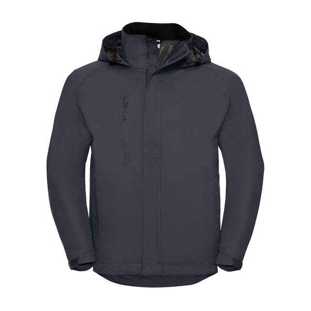 Material: 100% Nylon. Lining: Mesh. Fabric: PU Coating, Taslan. Design: Plain. Fabric Technology: Breathable, Shower Resistant, Water Resistant, Waterproof. Access For Decoration, Articulated Elbow, Rain Channel, Taped Seam. Cuff: Adjustable. Sleeve-Type: Long-Sleeved, Raglan. Neckline: Soft Touch, Standing Collar. Hood Features: 3 Piece, Concealed. Pockets: 1 Internal Pocket, 2 Front Pockets, 1 Chest Pocket, Zip. Fastening: Full Zip, Reversed Zip. Waterproof Rating: 2000mm. 2000g/m²/24hrs. Hem: Drawcord, Drop Hem. Sustainability: Amfori, Better Cotton Initiative, BSCI, Fair Labor Association, Oeko-Tex Standard 100 Certified.