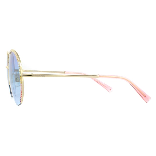 Die Swarovski Sonnenbrille SK0280-H 32W Gold Blue Gradient ist ein glamouröses, rundes Design, das aus schlankem Metall gefertigt und mit Swarovski-Kristallen am äußeren Rand des Rahmens verziert ist.