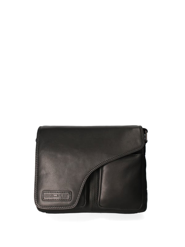 Bolso bandolera para hombre. El cierre es con botón magnético. Los bolsillos internos son dos con cremallera y dos abiertos. Los bolsillos externos son dos abiertos en la parte delantera y uno en la parte trasera con cremallera. La bandolera es ajustable en piel. Falta el mango. Hay dos compartimentos internos. El material exterior es auténtica piel de vacuno. Internamente está forrado en poliéster. Medidas: 24x30x10 cm. Producto de moda