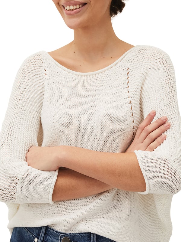 This style is responsibly sourced. We're proud to invest in making cotton production more sustainable. A textured tape yarn jumper complete with batwing sleeves and contrast stitch detailing. Finished with a curved extended hem at the back for a flattering fit. This semi-sheer style is best worn with a camisole underneath.