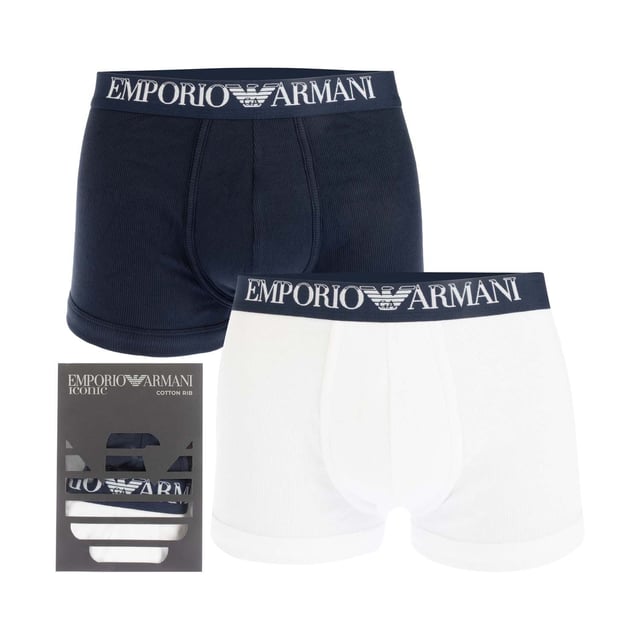 Mens Emporio Armani Iconic Cotton Rib 2 Pack Boxer Briefs in marine - white.- Comprises 1 pair x marine - 1 pair x white boxer briefs.- Crafted from comfortable ribbed stretch cotton jersey.- Branded elasticated waistband.- 95% Cotton  5% Elastane.  Machine washable.To fit waist:XS = 27-29inS = 30-32inM = 32-34inL = 34-36inXL = 37-39inXXL = 39-41in- Ref: 11202317135We regret that underwear is non-returnable due to hygiene reasons.