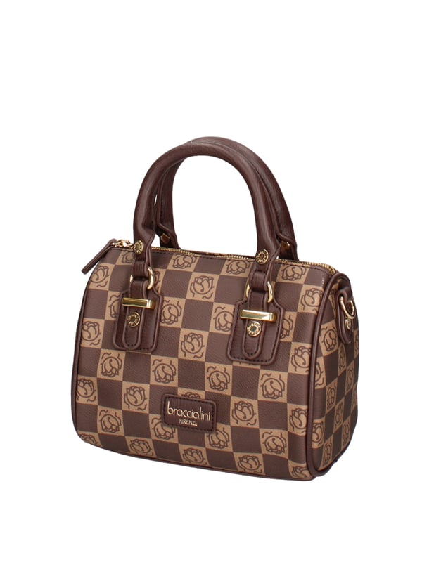 Handtasche mit Doppelgriff und Reißverschluss. Metalldetails und Nieten, um die Griffanhänge hervorzuheben. Frontpatch mit Schreiben. Orangenschale im Monogrammdruck mit Ton-auf-Ton-synthetischer Finish. Verstellbarer und abnehmbarer Schultergurt.