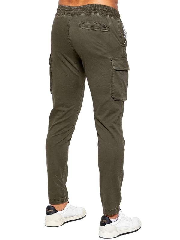 Enzo Mens Cargo Trousers. Regular Fit, Straight Leg, Enzyme Wash. 5 Pocket Design. 2 Side Pockets, 2 Cargo Pockets With Velcro Fastening. Single Back Welt Pocket. Elasticated Waistband With Adjustable Drawstring