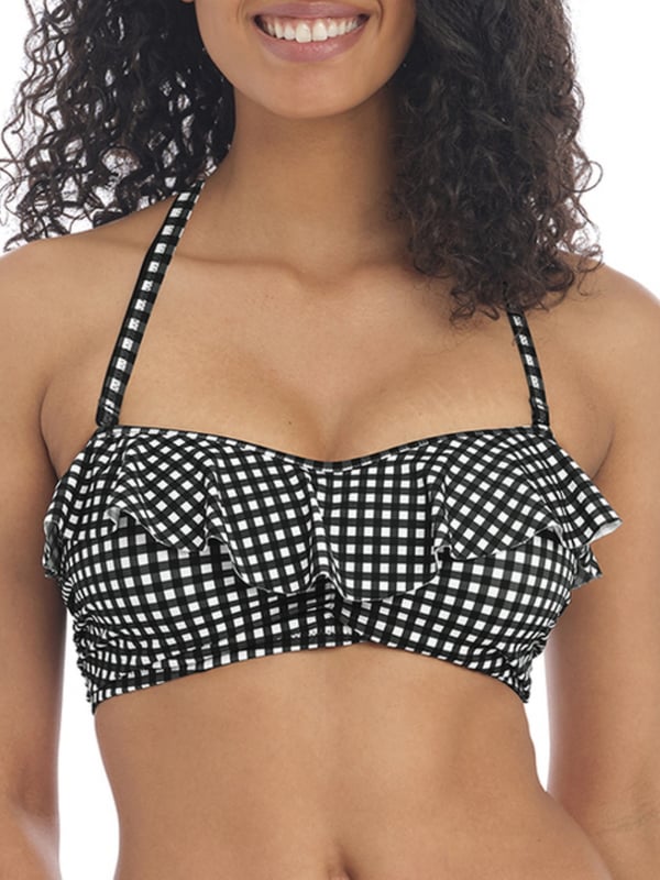 Freya Check In Bandeau Bikini Top. With light padding, detachable/adjustable straps and gathering detail. Removable centre tie. Product is made of 83% Nylon/Polyamide, 17% Elastane and is hand-wash only.