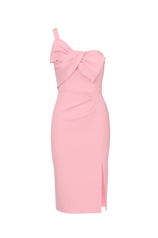 Trend-forward bow details add a fun twist to this cute short dress. This cocktail dress features a one shoulder neckline, sheath silhouette, and a bow accent at the bust with draped detailing. Designed from knit crepe fabric with some stretch, this party dress has a side slit at the skirt for easy movement. A hidden zipper closure at the side completes this one shoulder dress. Style this dress, which scales from semi-formal to formal, with nude heels and metallic accessories for a polished look.