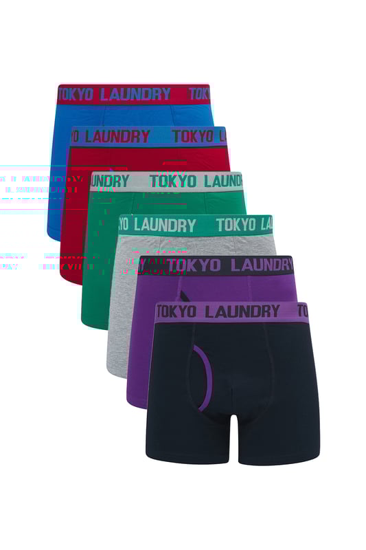 Indulge in everyday comfort with this 6-pack of boxers from Tokyo Laundry. Made from cotton-rich and stretch fabric, these boxers offer a soft and breathable feel. The plush woven waistband provides a secure fit, while the bright colours and slogan waistband adds a dash of style to your everyday essentials. Upgrade your underwear collection now!