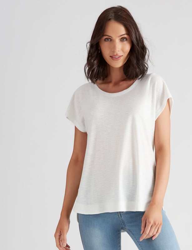 KATIES Womens Tops White Knit Top Crew Neck T shirt
