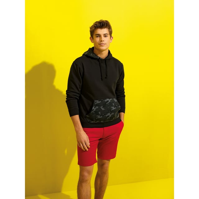Classic fit hooded sweatshirt. Rib knit cuffs and hemline. Contrast kangaroo pouch. Contrast panel on hood. Draw string chord on hood. Materials: 80% Cotton, 20% Polyester.