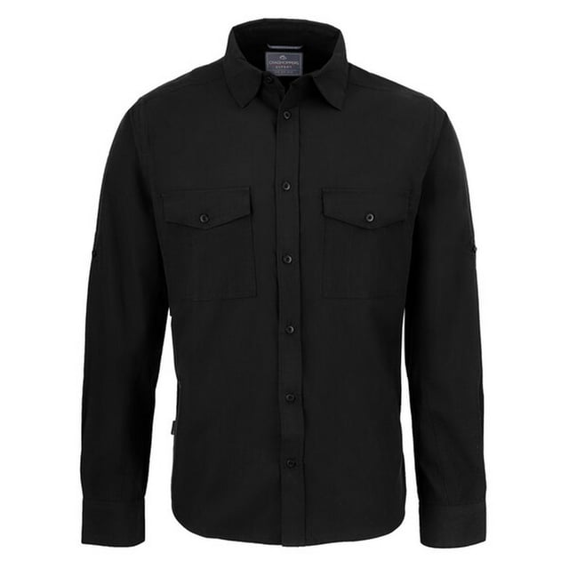 65% Polyester, 35% Cotton. Design: Logo, Plain. Pockets: 2 Front Pockets. Sleeve-Type: Long-Sleeved. Neckline: Turn Down Collar. 7 Button Placket, Insect Bite-Proof, Sun Protective. Fabric Technology: Anti-Insect Treatment, NosiDefence, Solarshield. Sun Rating: UPF 40+. Easy-Care. Sustainability: Made from Recycled Materials.