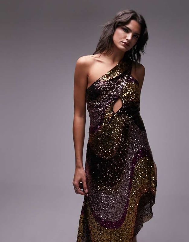 Topshop asymmetric one shoulder swirl sequin midi dress in multi