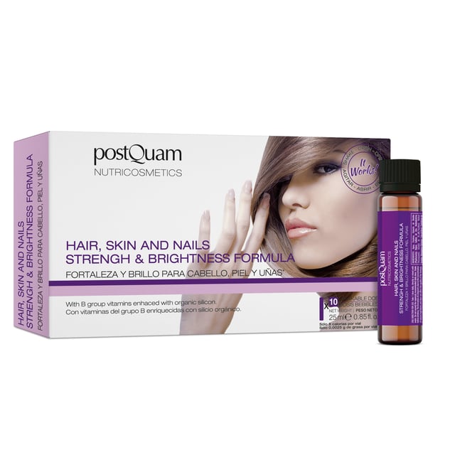 Complemento alimenticio Hair, Skin & Nails Fuerza y brillo 10 x 25 ml
Ref. PQNUTR05

Descripción
Hair, Skin and Nails Strengh & Brightness Formula - Fortaleza y brillo para cabello, piel y uñas*
10 dosis bebibles x 25 ml

Complemento alimenticio con vitaminas del grupo B enriquecidas con silicio orgánico

* La Vitamina A contribuye al mantenimiento normal de la piel. La Biotina y el Zinc contribuyen al mantenimiento normal de la piel y el cabello. El ácido Fólico contribuye a la síntesis normal de los aminoácidos. La Vitamina E y el Selenio ayudan a proteger las células contra el daño oxidativo. El Manganeso contribuye a la formación normal del tejido conjuntivo

Modo de empleo
Tomar directamente o mezclado con agua. No superar la dosis diaria expresamente recomendada. Agite antes de tomar; La formación de un depósito
es debido a la concentración de ingredientes naturales y no afecta a la calidad de la fórmula
 
Recomendaciones de uso:
Empezar con el tratamiento de choque: 1 dosis diaria durante 20 días
Continuar con el tratamiento de mantenimiento: 2 dosis semanales

Precaución: No está destinado a menores de 18 años. Siempre consulte a su terapeuta antes de tomar complementos alimenticios, especialmente
si usted está tomando algún medicamento, si está embarazada o sufre alguna afección. Los complementos alimenticios no deben utilizarse como sustituto de una dieta equilibrada y de un estilo de vida saludable. Los efectos secundarios son poco frecuentes, sin embargo ,si observa alguna reacción adversa póngase en contacto con su terapeuta
Ingredientes
Agua Puricada, Fructosa, Extracto de Bambú (Phyllostachys Nigra), Sulfato de Zinc, Maltodextrina, Acetato de DL-alfa-Tocoferol, Retinol Acetato, Manganeso Glicinato, Colecalciferol, Clorhidrato De Piridoxina, ácido Fólico, Biotina, Levadura Enriquecida con Selenio, Cianocobalamina, ácido Cítrico, Sorbato de Potasio, Benzoato de Sodio, Aromas