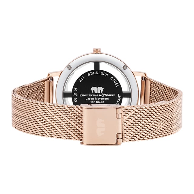 Would you like an eye -catcher on the wrist? Then this women's time meter of Rhodenwald & Sons is the right choice: Reduced functionality in conjunction with an expressive interpretation of the luxurious skeleton mechanism creates a special accessory. A touch of skin shimmers between the bezel and dial, bridged by four striking line indices, decorated with crystals from Swarovski®. The dial with a Sunray effect and subtle Dauphine added player play gently with the light. A stainless steel housing and a stainless steel bracelet in Milanaise-optics-both with a rose gold plating-ensure optimal everyday suitability.