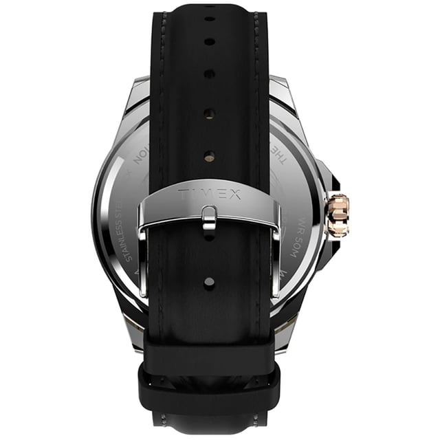 This Timex Essex Avenue Analogue Watch for Men is the perfect timepiece to wear or to gift. It's Multicolour 46 mm Round case combined with the comfortable Black Leather watch band will ensure you enjoy this stunning timepiece without any compromise. Operated by a high quality Quartz movement and water resistant to 5 bars, your watch will keep ticking. Sporty & fashionable design with simplicity, perfect for both indoor and outdoor activities - This Analogue watch has a calendar function: Day-Date, Luminous Hands and Luminous Numbers High quality 21 cm length and 22 mm width Black Leather strap with a Buckle Case diameter: 46 mm,case thickness: 12 mm, case colour: Multicolour and dial colour: Black