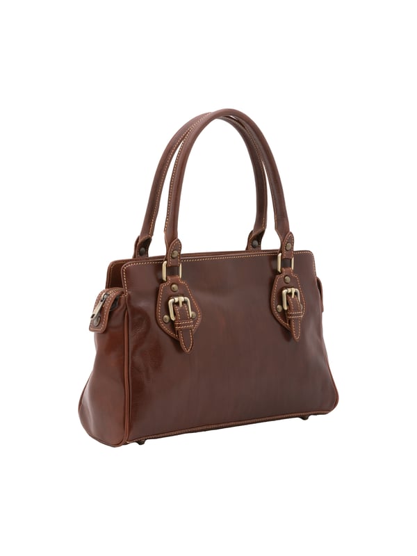 Damenhandtasche mit Reißverschluss. zwei Innentaschen mit Reißverschluss. fehlende Außentaschen. fehlender Schultergurt. im Ledergriff. zwei Innenfächer.  Außenmaterial. Innen mit Baumwolle gefüttert. Maße: 24x36x12 cm. Hergestellt in Italien